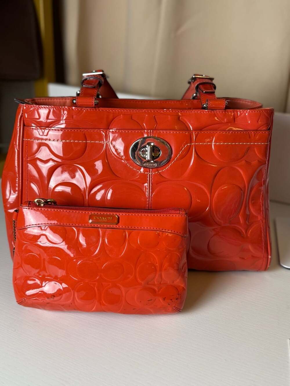 Coach Hamptons Signature Patent Leather Tote Bag Orange Carryall Purse